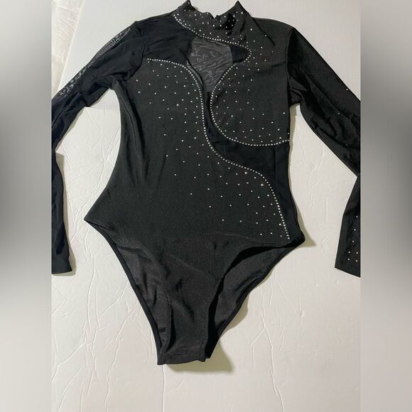 Iefiel Dance costume bodysuit leotard black mesh long sleeve rhinestone adult S - Picture 2 of 10